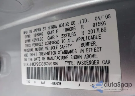 2008 Honda Accord 2.4 Lx z USA, uszkodzony, nr VIN JHMCP26338C070784